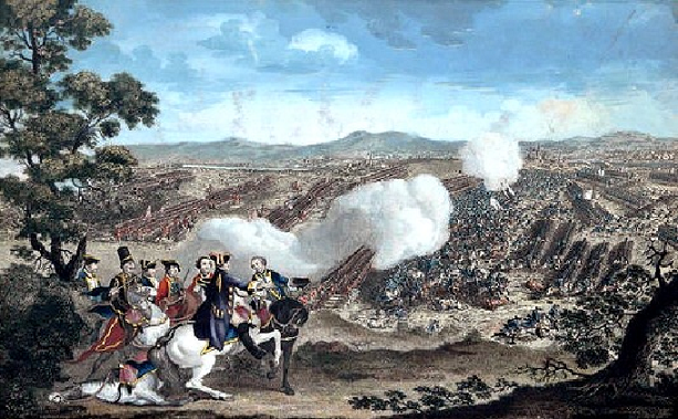 Bataille de Minden - Version en couleur d'une gravure de 1785 - Les monts des Wiehengebirge sont visibles à l'arrière-plan